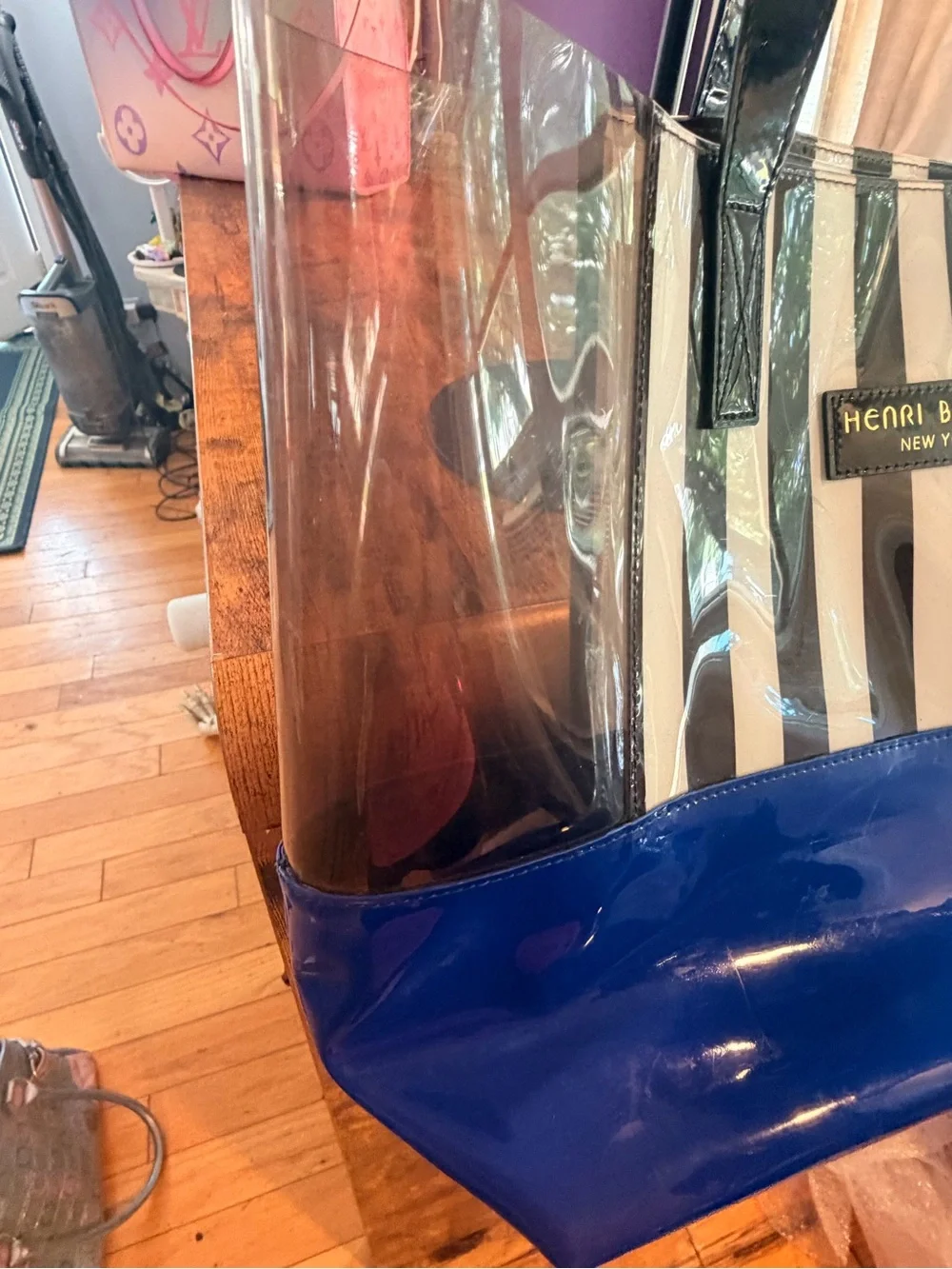 henri bendel Clear Tote with Blue Base and Black Straps